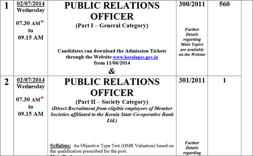 Kerala PSC Public Relations Officer (PRO) exam 2014 Hall Tickets from 11th June