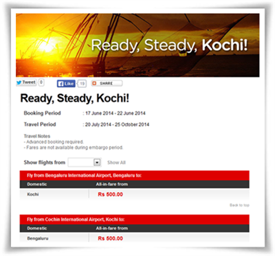 AirAsia online promotion booking offer: Bangalore – Kochi at Rs 500