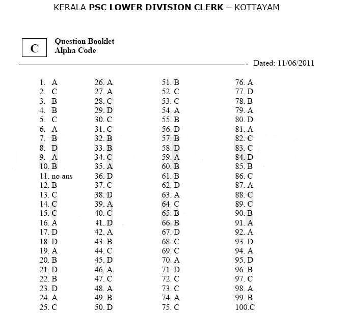 LDC 2011 Kottayam Answer key